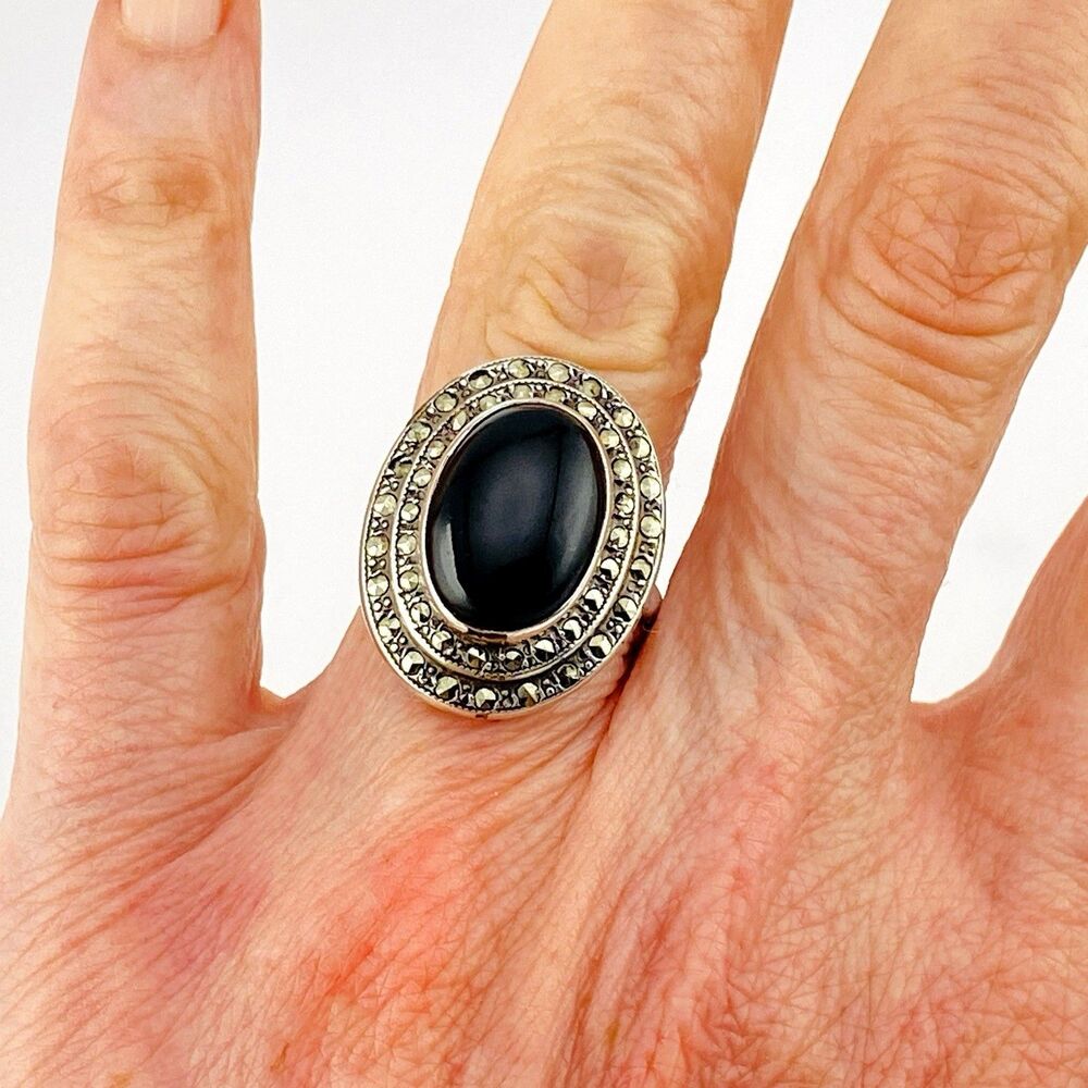 Uncas Sterling Marcasite Black Onyx Ring Art Deco Vintage Sz 4.75